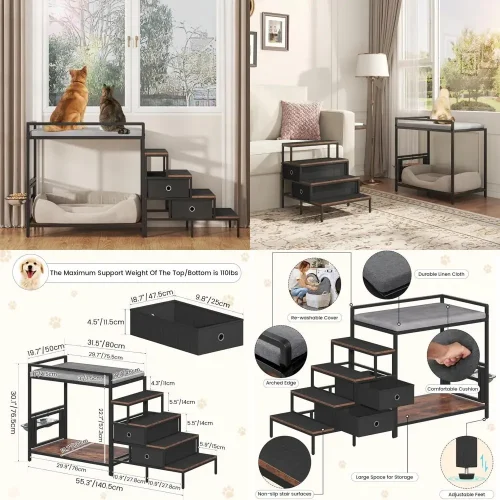 360° Dog Window Perch: Adjustable Raised Feeder, Stair and Drawers
