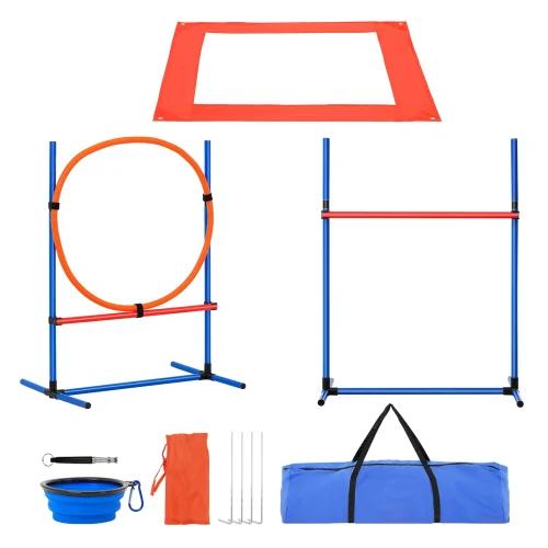SucceBuy Dog Agility Training Equipment 4 PCS Set with Adjustable High Hurdles 6 Weave PolesJump Ring Square Pause Box Whistle