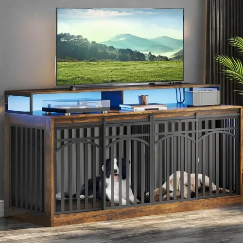 71 Inch Double Dog Crate with TV Shelves, LED Light & Power Outlets